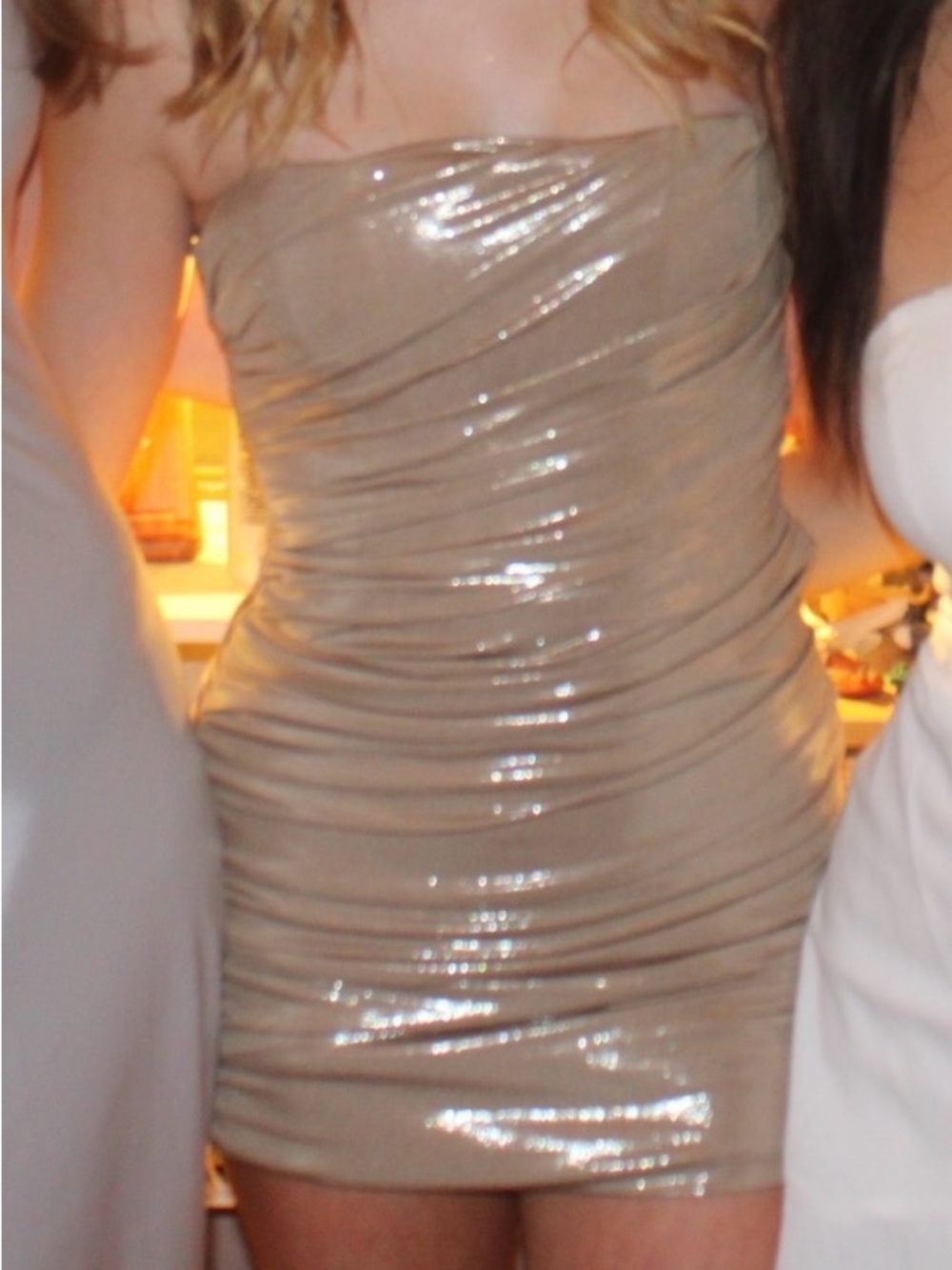 Zara Strapless Shimmer Ruched Nude Mini Dress